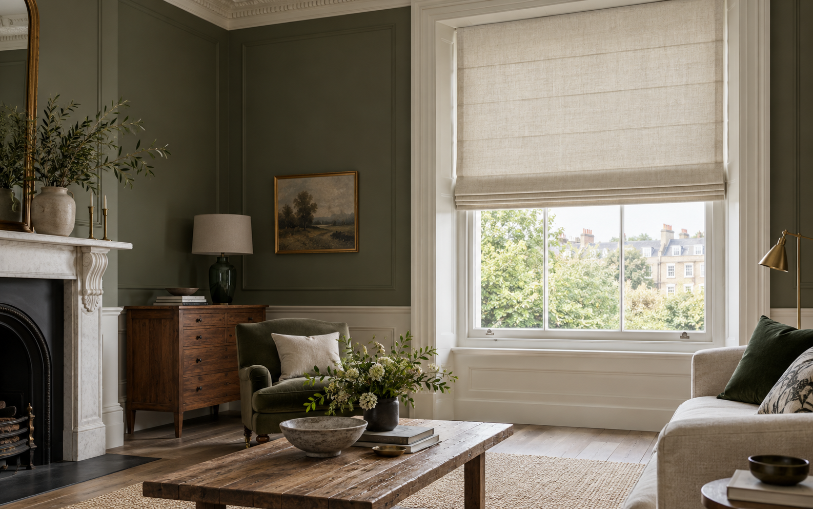 Textured linen Roman blind in a refined British living room